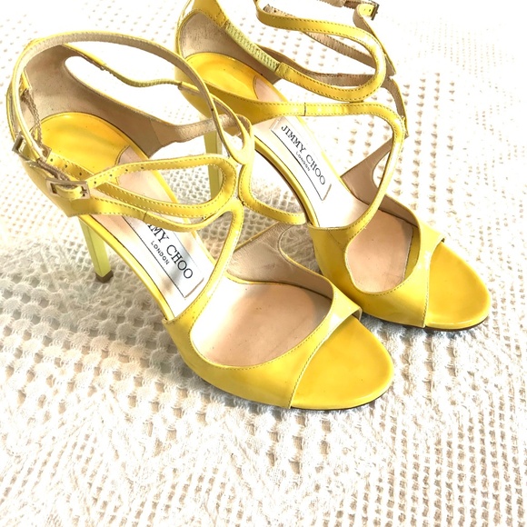 Jimmy Choo London women's shoes 4" heel yellow patent leather strappy size 38/8 - Picture 2 of 14